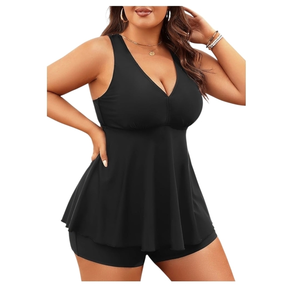 AQUA EVE - 22W Black V-Neck Tankini  2 Piece Swimsuit - Picture 2 of 13